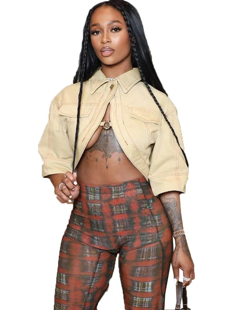 Small Personality Woman Jacker Button Metal Ring Autumn Cardigan Outdoor Street Fashion Half-Sleeved Lapel Short Coat