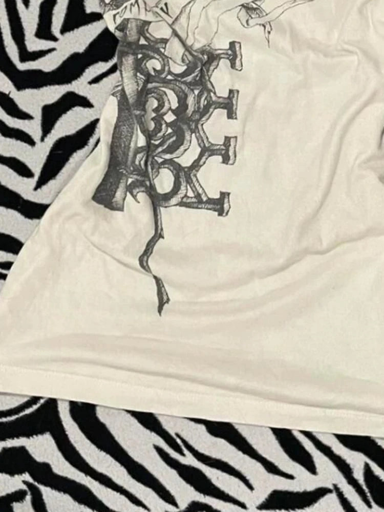 Y2k Aesthetic White Printing Punk Fairy Tshirts Harajuku Women Casual Bodycon Vintage Tees 2025 Summer Grunge Streetwear Tops