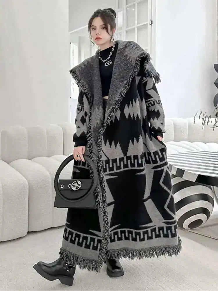 Black Big Size Knitting Long Thtick Cardigan Sweater Loose Lapel Long Sleeve Women New Fashion Spring Autumn 2025 1DH2277
