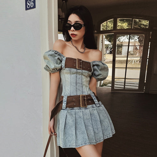 Load image into Gallery viewer, Pleated Spliced Belt Dresses For Women Square Collar Puff Sleeve High Waist Mini Summer Dress Female Fashion
