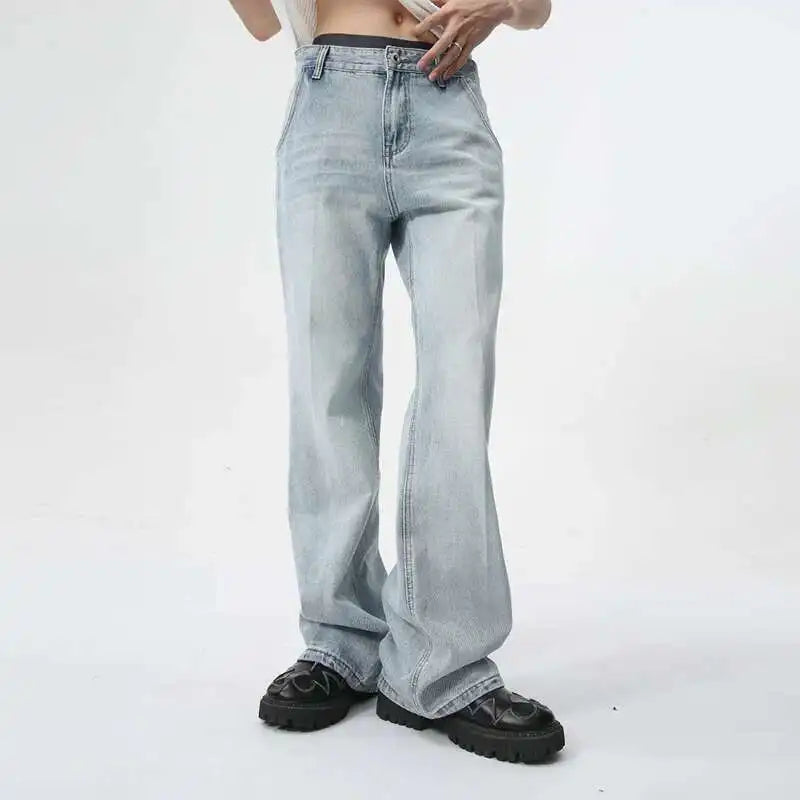 Minimalist Men's Jeans Solid Color Washed Boot Cut Trousers Straight Loose Wide Leg Male Bottom High Street Menwear 9C5978