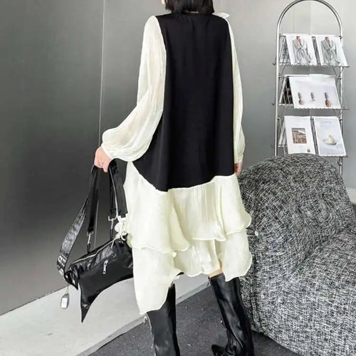 Load image into Gallery viewer, Women Black Ruffles Color-block Big Size Knee-Length Dress New Round Neck Long Sleeve Fashion Spring Autumn 2025 1DH7239
