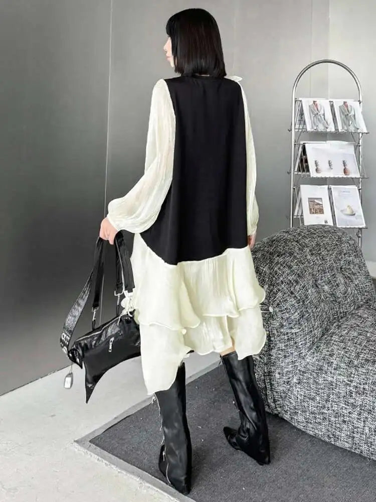 Women Black Ruffles Color-block Big Size Knee-Length Dress New Round Neck Long Sleeve Fashion Spring Autumn 2025 1DH7239