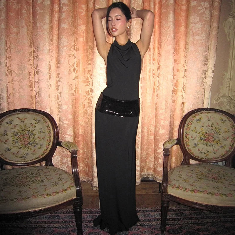 Black Halter Backless Sexy Maxi Dress For Women Gown Elegant Glitter High Waist O Neck Sleeveless Long Dress Elegant