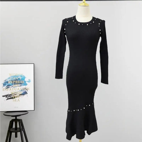 Load image into Gallery viewer, Vintage Women's Autumn Winter Solid Pearl Temperament Long Sleeved Knit Dress French Round Neck Festival Fashion Fishtail Dress
