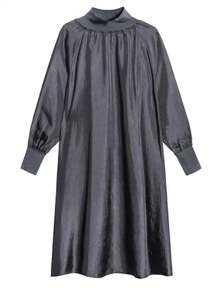 Women Gray Brief Long Big Size Elegant Dress New Turtleneck Long Sleeve Loose Fit Fashion Tide Spring Autumn 2025 1DH0252