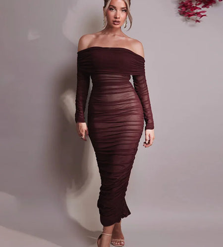 Off-shoulder Long Sleeve Sexy Maxi Dress For Women Autumn New Strapless Backless Bodycon Ruched Party Long Dress