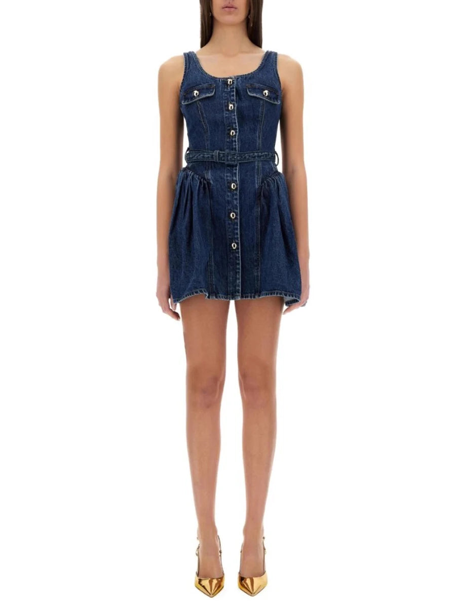 Solid Spliced Button Chic Dresses For Women Square Neck Sleeveless High Waist Temperament Slimming Dress Female New