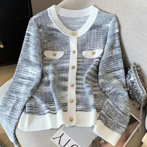 Load image into Gallery viewer, French Fashion Patchwork Elegant Long Sleeve O Neck Women Sweaters 2024 New Autumn Winter Single Breasted Vacation Cardigan Tops
