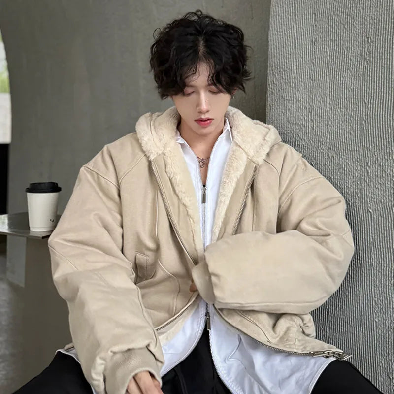 Fashion Men's Padded Jacket Hooded Solid Color Plush Thickened Male Cotton Jacket 2024 Winter Zipper Male Top 9C8758