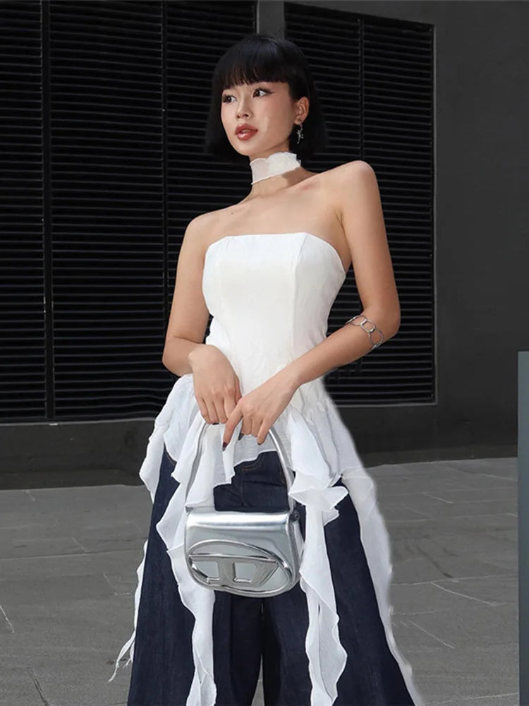 Summer Sexy Off-Shoulder Lace Women Crop Top 2025 Casual Strapless Halter Streetwear Fashion Club Party Lady Tank Top