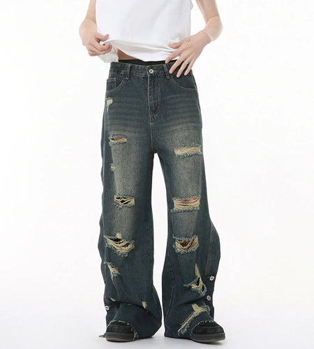 American Style Men's Jeans Solid Color Holes Design Raw Edge Casual Straight Washing Wide Leg Loose Male Denim Pants 9W1263