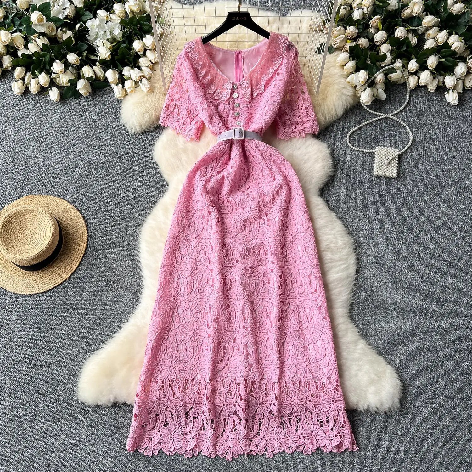 Summer Solid High Waist Button Birthday Lace Long Dress Women French Retro Elegant Short Sleeve Festival Party Evening Dress New