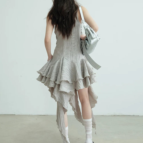 Load image into Gallery viewer, Women Gray Three-dimensional Flower Ruffles Mini Dress New Round Neck Sleeveless Fashion Tide Spring Summer 2025  1DJ0678
