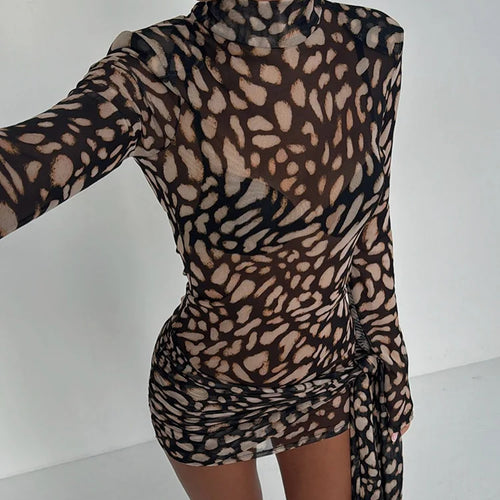 Load image into Gallery viewer, Mesh Leopard Print Sexy Mini Dress For Women Robe Fashion Turtleneck Draped Ruched High Waist Club Dress Vestido
