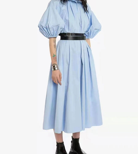 Spring Fashion Solid Dress For Women Ruffled Collar Short Puff Sleeve Patchwork Belt Midi A Line Dresses Female 2022 Clothes