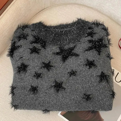 Load image into Gallery viewer, Korean Autumn Winter Grey Star Patchwork Elegant Pullover Short Sweater Women 2024 New Round Neck Long Sleeved Knitted Tops Chic
