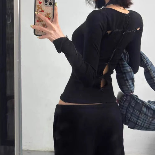 Load image into Gallery viewer, Y2k Aesthetic Sexy Hollow Out Tshirts Women Harajuku Gothic Punk Black T-shirt 2025 Autumn Streetwear Bodycon Bow Tees Femme
