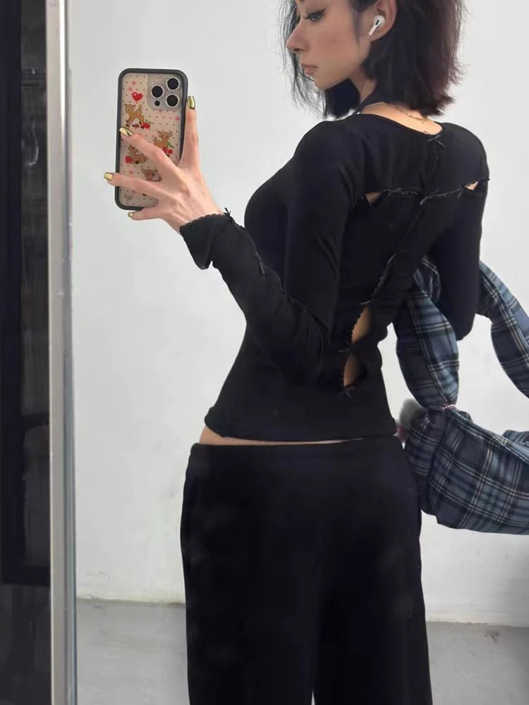 Y2k Aesthetic Sexy Hollow Out Tshirts Women Harajuku Gothic Punk Black T-shirt 2025 Autumn Streetwear Bodycon Bow Tees Femme