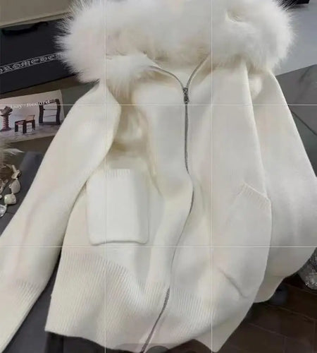 French Vintage Women White Elegant Hooded Short Knit Cardigan Autumn Winter Long Sleeve Festival Zipper Sweaters 2024 Versatile