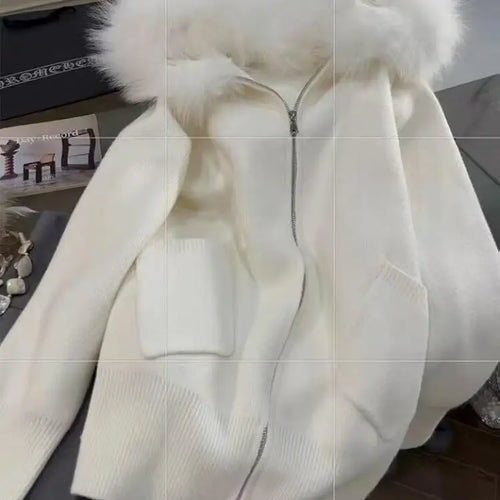 Load image into Gallery viewer, French Vintage Women White Elegant Hooded Short Knit Cardigan Autumn Winter Long Sleeve Festival Zipper Sweaters 2024 Versatile
