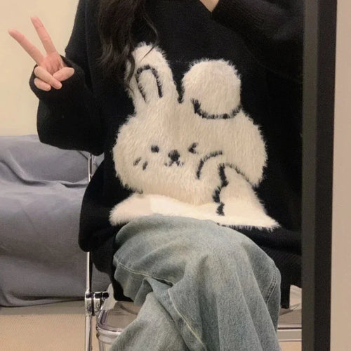 Load image into Gallery viewer, Japanese Cute Rabbit Jacquard Sweater Women Black Pullover Sueter Mujer Y2k Top Jumper Harajuku Knit   Tops
