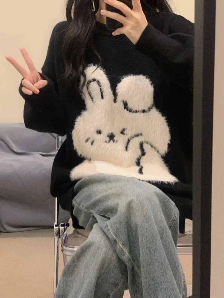Japanese Cute Rabbit Jacquard Sweater Women Black Pullover Sueter Mujer Y2k Top Jumper Harajuku Knit   Tops