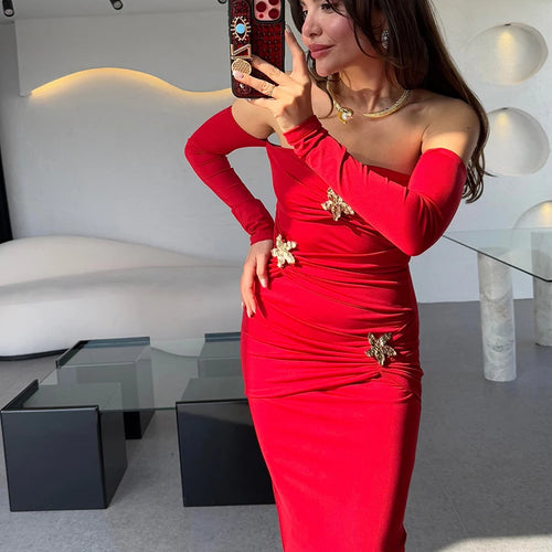Load image into Gallery viewer, Metal Buckle Strapless Sexy Maxi Dress For Women Off-shoulder Backless Long Sleeve Ruched Bodycon Club Long Dress
