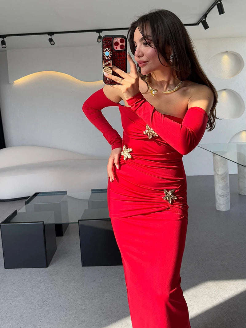 Metal Buckle Strapless Sexy Maxi Dress For Women Off-shoulder Backless Long Sleeve Ruched Bodycon Club Long Dress
