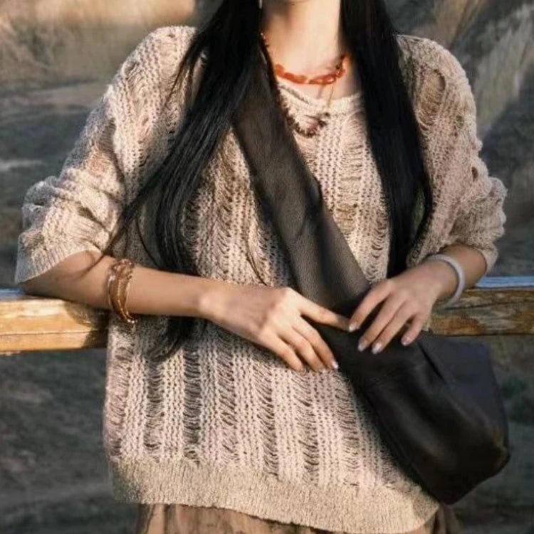 Autumn Streetwear Y2k Aesthetic Grunge Pullovers Vintage Solid Harajuku Grunge Jumpers Loose Knitted Women Hollow Out Sweaters