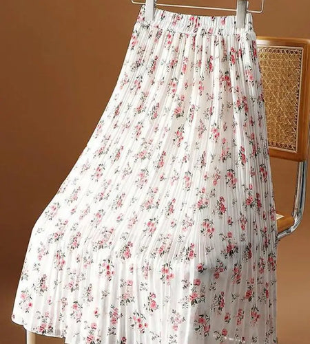 New Summer Women Chiffon Floral Print A-line Midi Skirt Temperament  High Waist Pleated Elastic Waist Holiday Skirt Fashion Boho