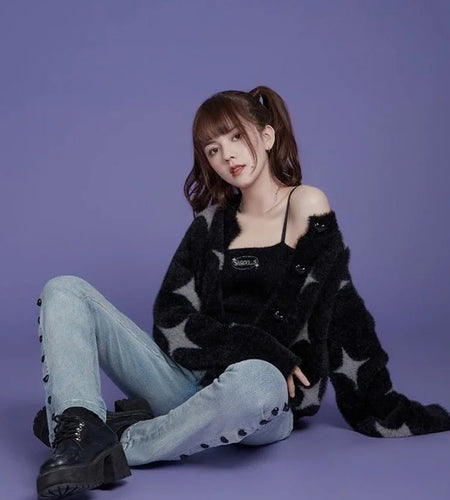 Korean Fashion Black Sweaters Women Star Print Cashmere Cardigan Y2k  Knitted Coats Female Cardigans All Match Sueter Oversized