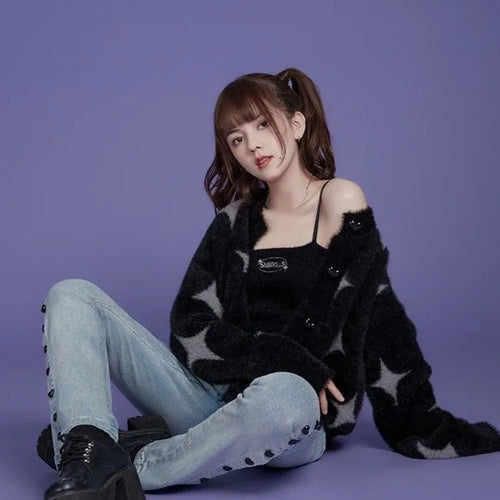 Load image into Gallery viewer, Korean Fashion Black Sweaters Women Star Print Cashmere Cardigan Y2k  Knitted Coats Female Cardigans All Match Sueter Oversized
