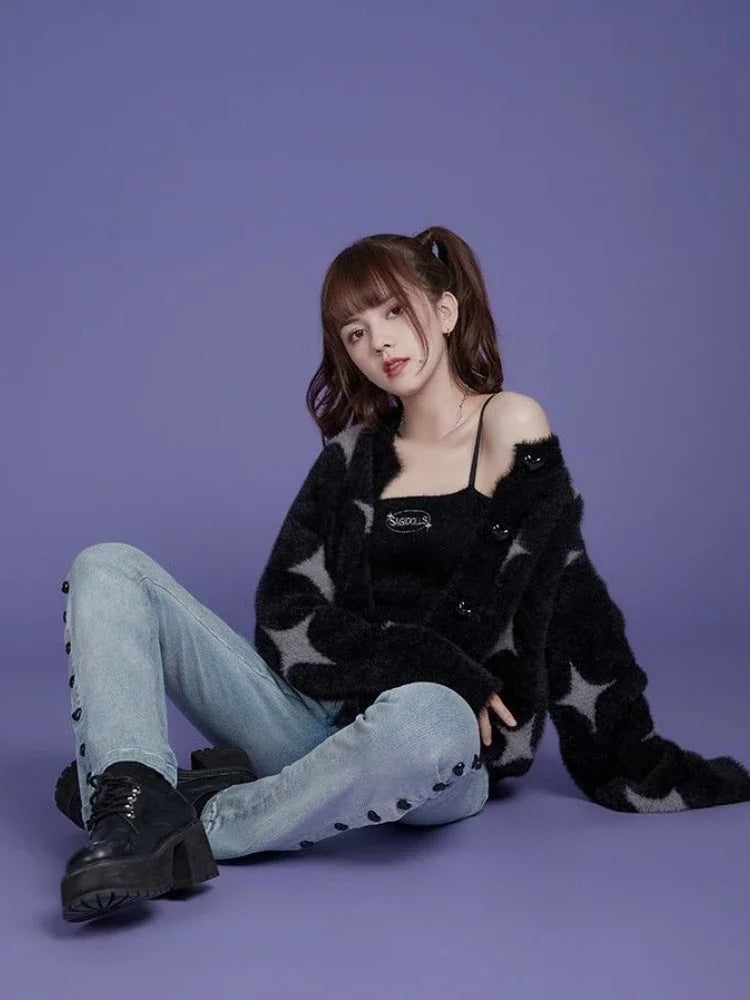 Korean Fashion Black Sweaters Women Star Print Cashmere Cardigan Y2k  Knitted Coats Female Cardigans All Match Sueter Oversized