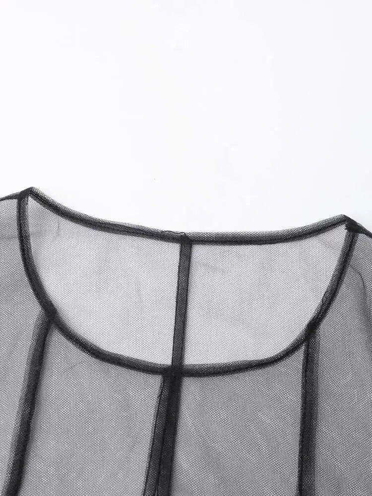 Women Black Irregular Ruffles Mesh Elegant Perspective Dress New Round Neck Sleeveless Fashion Spring Summer 2025 CPDB108