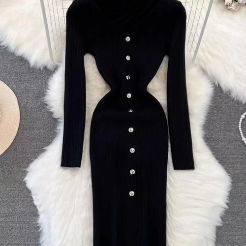 Load image into Gallery viewer, Black Single Breasted Dresses Ladies 2023 Autumm Winter Korean Style Beige Sweater Knitted Office Lady Elegant Red Dress Fashion
