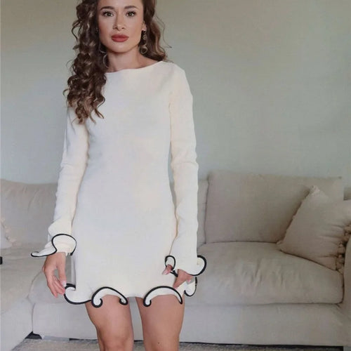 Load image into Gallery viewer, Long Sleeve Knit Mini Dress For Women Pullovers Sweater Dress Autumn Winter New Contrast Color O Neck Ruffled Dress
