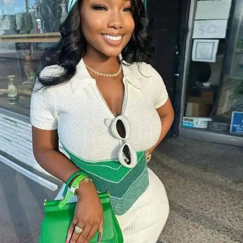 Load image into Gallery viewer, Korean Fashion Blue Green Rose Red Stripe Patchwork Short Sleeve Knitted Short Dress Women's Summer Elegant Slim Mini Dress Chic
