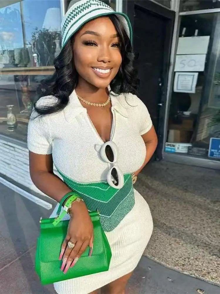 Korean Fashion Blue Green Rose Red Stripe Patchwork Short Sleeve Knitted Short Dress Women's Summer Elegant Slim Mini Dress Chic