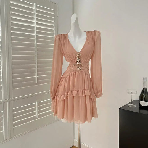 Load image into Gallery viewer, French Pink Diamond Long Sleeved High Waist Pleated Dress For Women Spring Autumn 2025 New Hollow Out Ruffles Vacation Dress New
