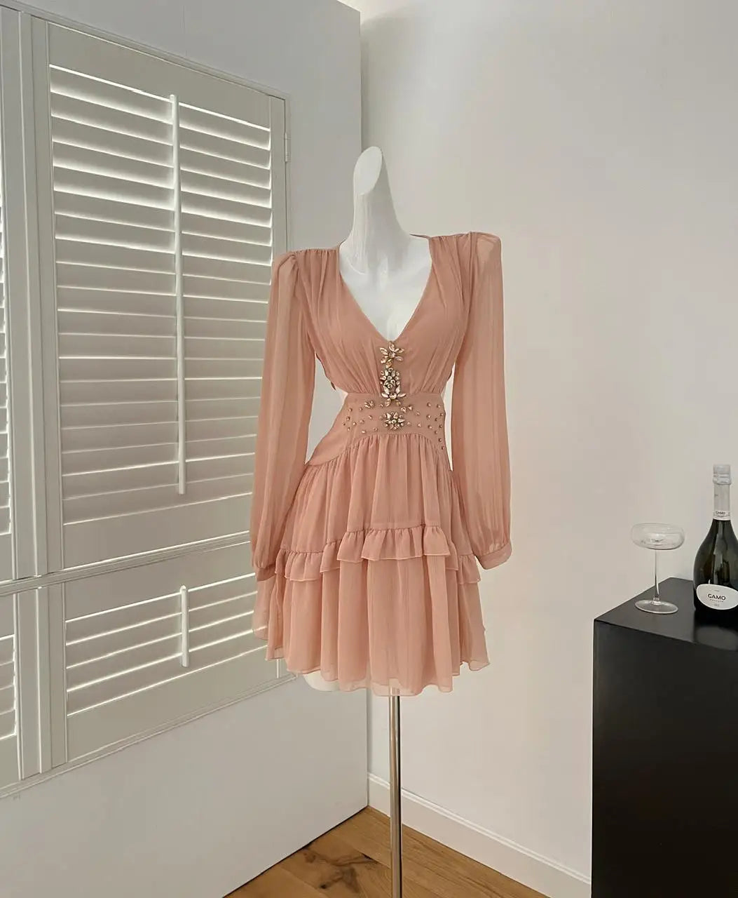 French Pink Diamond Long Sleeved High Waist Pleated Dress For Women Spring Autumn 2025 New Hollow Out Ruffles Vacation Dress New