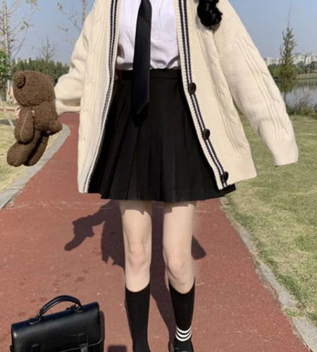 Japanese Preppy Style Cardigans Women Patchwork Fairy Single Breasted Sweaters Loose Contrast Color Knitted Coats Y2k Aesthetic