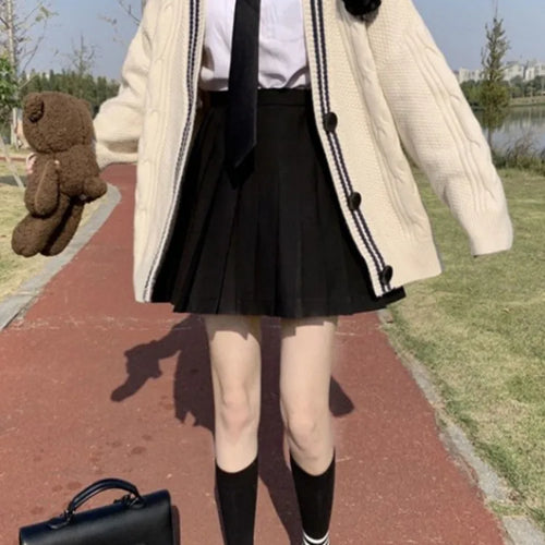 Load image into Gallery viewer, Japanese Preppy Style Cardigans Women Patchwork Fairy Single Breasted Sweaters Loose Contrast Color Knitted Coats Y2k Aesthetic
