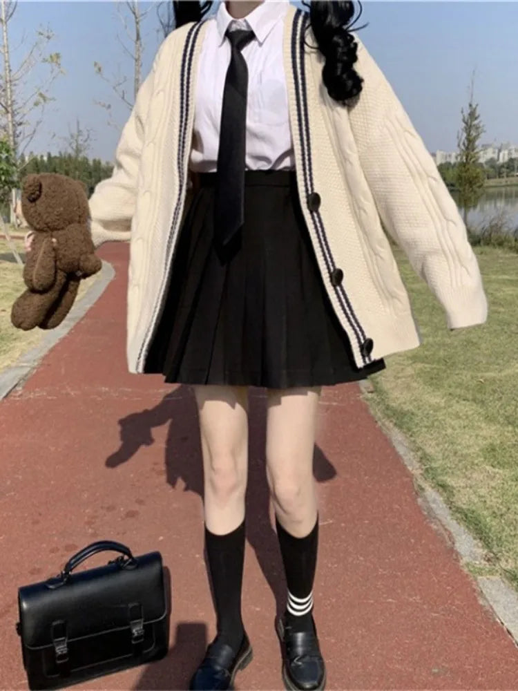 Japanese Preppy Style Cardigans Women Patchwork Fairy Single Breasted Sweaters Loose Contrast Color Knitted Coats Y2k Aesthetic