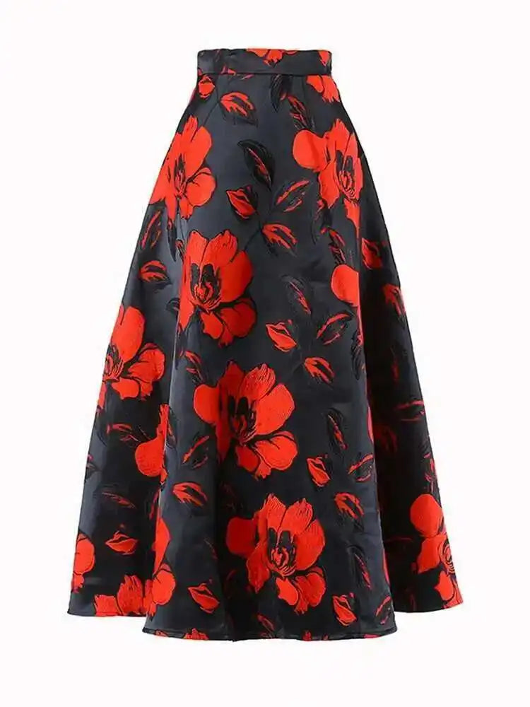 High Waist Black Flower Jacquard Temperament Long Half-body Skirt Women Fashion Tide New Spring Autumn 2025 1DD3182