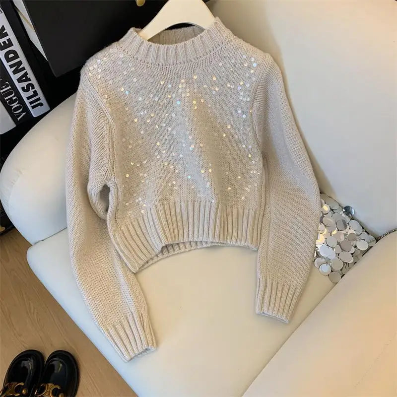 French Solid Sequins Knitted Sweater Women Autumn Winter 2023 New Fashion Long Sleeve O Neck Short Pullover Tops Casual Vintage