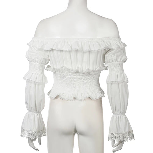 Load image into Gallery viewer, Y2K Aesthetics Ruffles Edge Slash Neck Blouses For Women Chic Lace Patchwork White Autumn Shirts French Ruffles Beach
