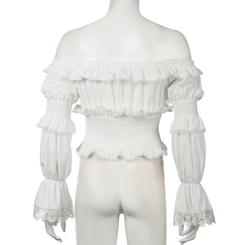 Y2K Aesthetics Ruffles Edge Slash Neck Blouses For Women Chic Lace Patchwork White Autumn Shirts French Ruffles Beach