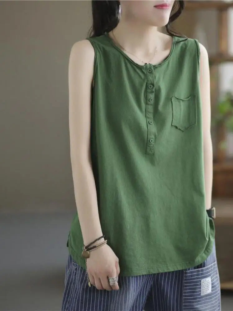 Women's Black Casual Loose Pocket Vest Summer Fashion Brown Sleeveless Buttons Bottoming Tops Large Size Versatile Trendy Tanks