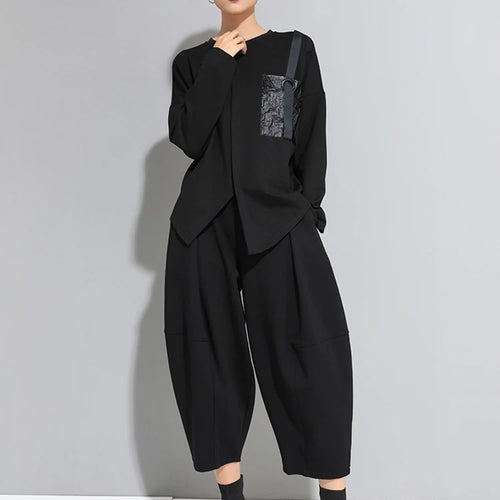 Load image into Gallery viewer, Women Black Pocket Ribbon Irregular Big Size T-shirt New Round Neck Long Sleeve Fashion Tide Spring Autumn 2025 1DJ1771
